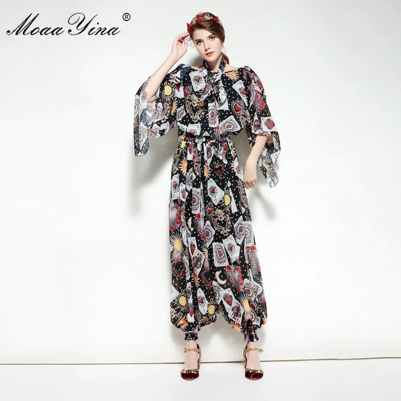 Élasticité Combinaisons Moaayina Concepteur Taille Imprimé Cartes Été Femmes Asymétrique Noir De Printemps À Vintage Jouer Manches qxxwtrg8E