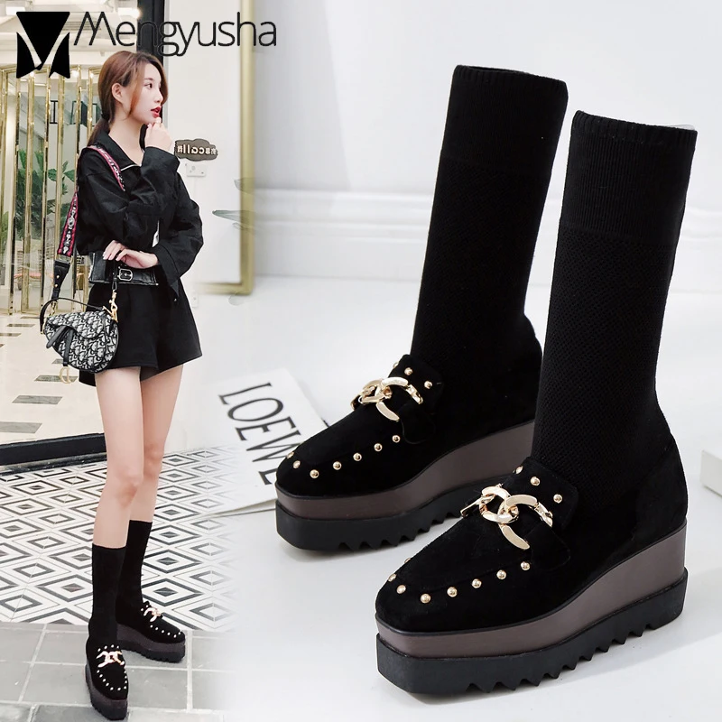 

2019 New Knitted rivet socks boots femme ladies patchwork bullock shoes women wedges platform mid-calf boots chain creeper shoes