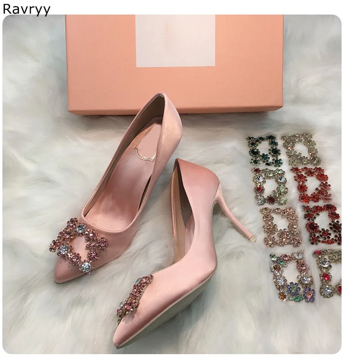 

Chic crystal Woman pink high heels female wedding party dress shoes 2019 twinkling rhinestone Pointed Toe slip-on single shoes