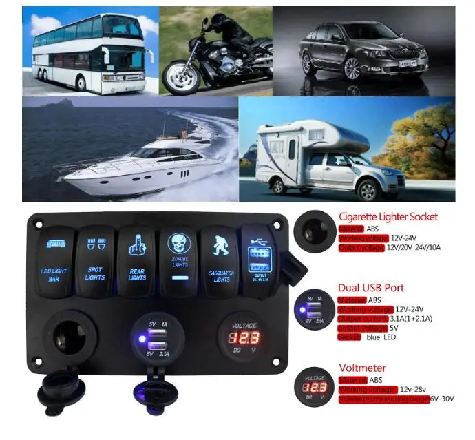 Car Marine Boat 6 Gang Waterproof Circuit Red LED Rocker Switch Panel