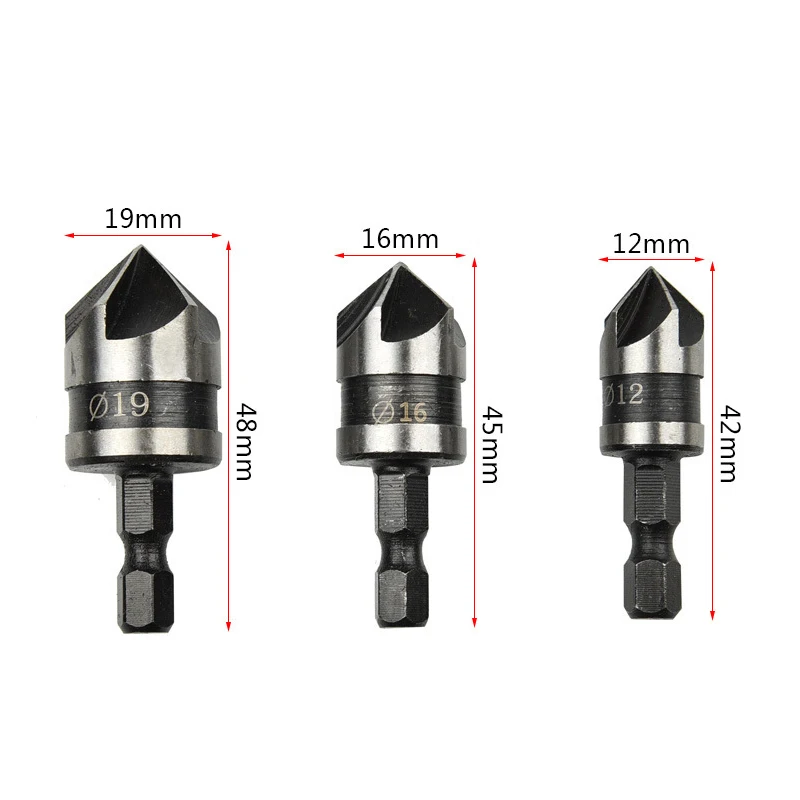 3Pcs 90 Degree Hex Handle Drill Bit Set Chamfering Cutter Drilling For Metal Wood Woodworking 12/16/19mm Five-Blade Chamfer Tool 3Pcs 90 Degree Hex Handle Drill Bit Set Chamfering Cutter Drilling For Metal Wood Woodworking 12/16/19mm Five-Blade Chamfer Tool