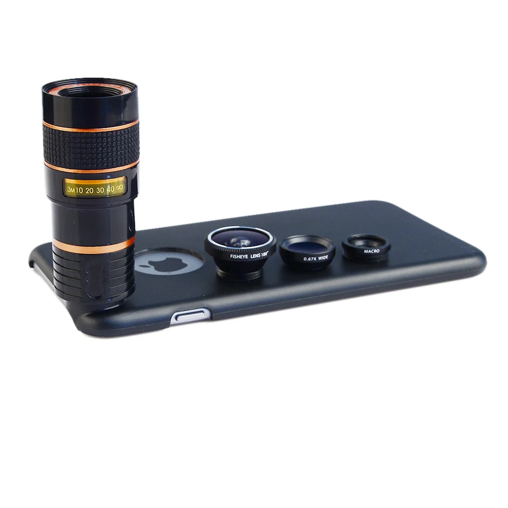 Apexel 4 in 1 Mobile Phone Camera Lens with Back Case Wide Angle Macro Fish Eye 8X Telephoto Lens Cover for iPhone x 7 8 6s plus