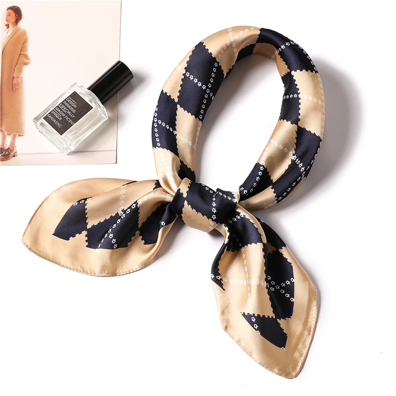 

Lady Silk Scarf Fashion Plaid Print Foulard Square Scarfs for Women Office Neck Scarves Hair Tie 2019