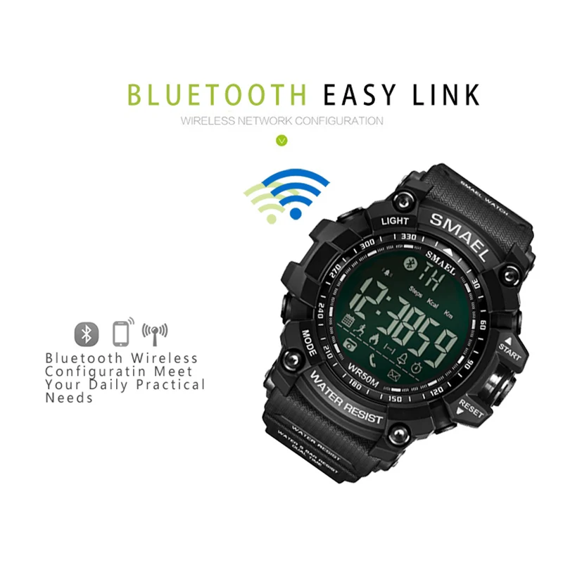 Смарт часы SMAEL мужские водонепроницаемые 50 метров армейские зеленые Bluetooth 1617B