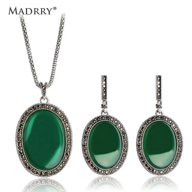 

Irregular Oval Vintage Jewelry Sets Necklace&Earrings Resin Crystal Antique Silver Plated Turkish Jewelry Costume Women Party uk