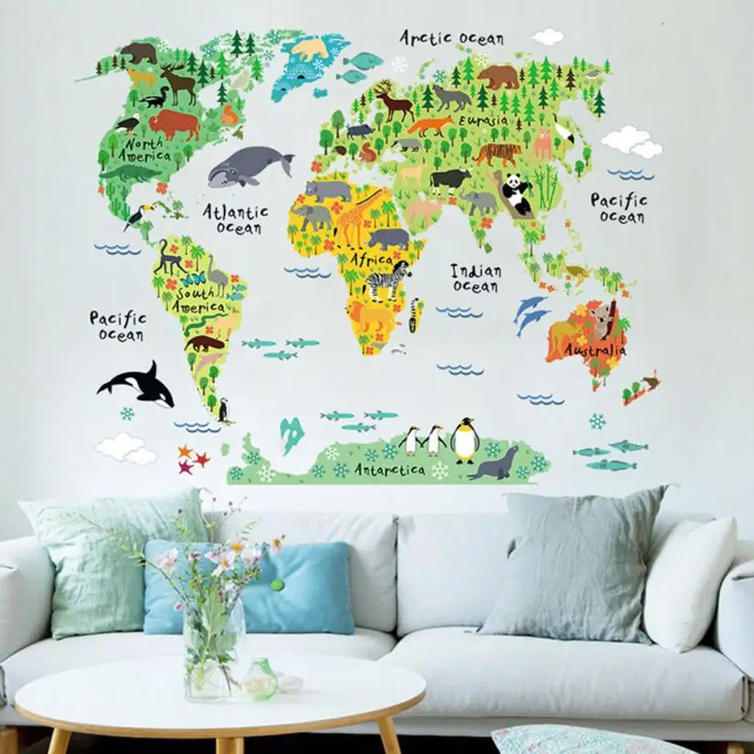 

Animal World Map wall sticker stickers for kids rooms bedroom cartoon Home Decor living rooom carte du monde adesivo de parede