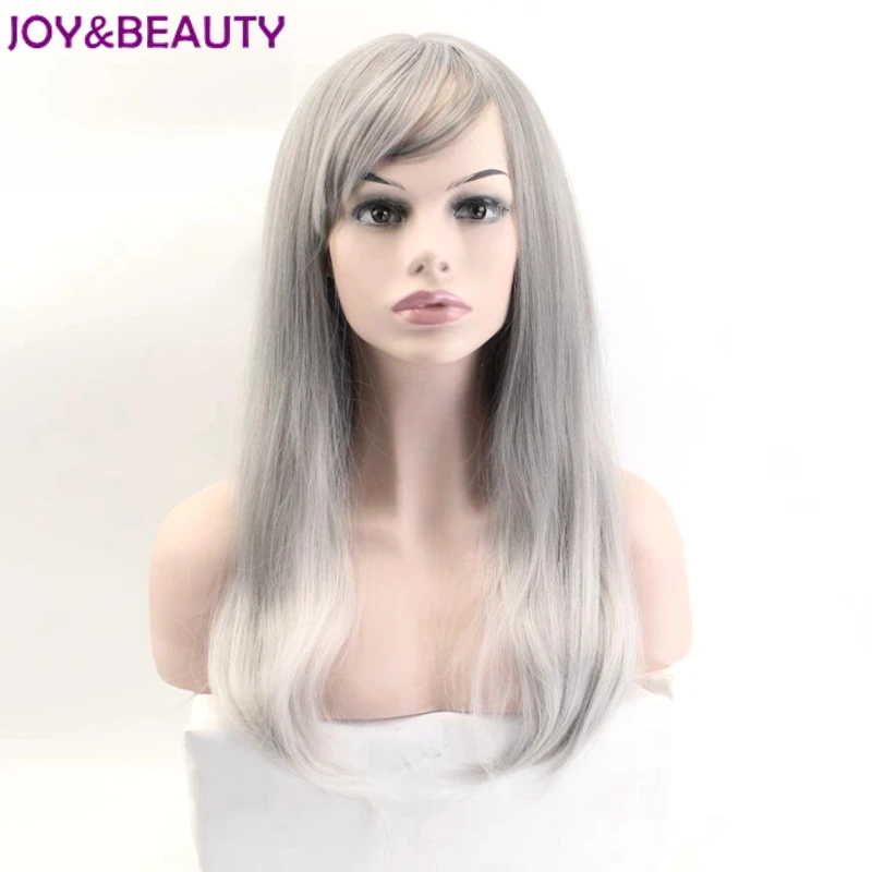 JOY& BEAUTY, 24 дюйма, длинные волнистые парики для косплея, серый, белый, смешанные синтетические волосы, наклонные взрыва, высокотемпературное волокно для женщин, парики