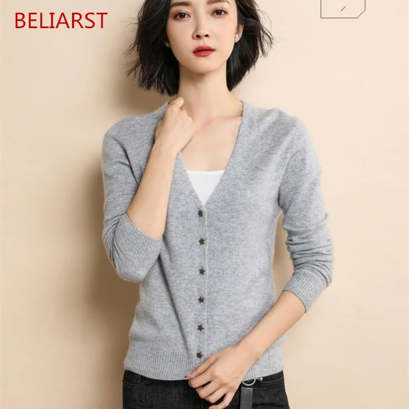 

BELIARST Spring and Autumn New Woman V-neck Cashmere sweater Fashion Slim Star Button Cardigan Warm Knit Bottoming shirt