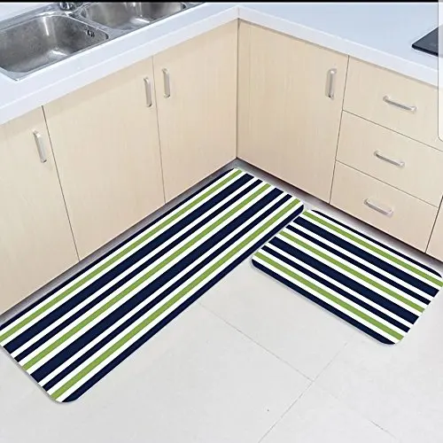 

2 Piece Kitchen Mats and Rugs Set Navy Blue Green and White Stripes Home Deocr Non Skid Area Runner Doormats Carpet