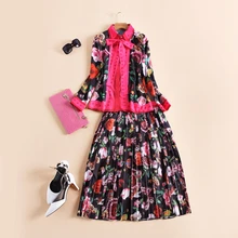 Fashion women bow butterfly collar tops shirts + animal patterns print pleated skirt suit two piece set new 2016 autumn brand