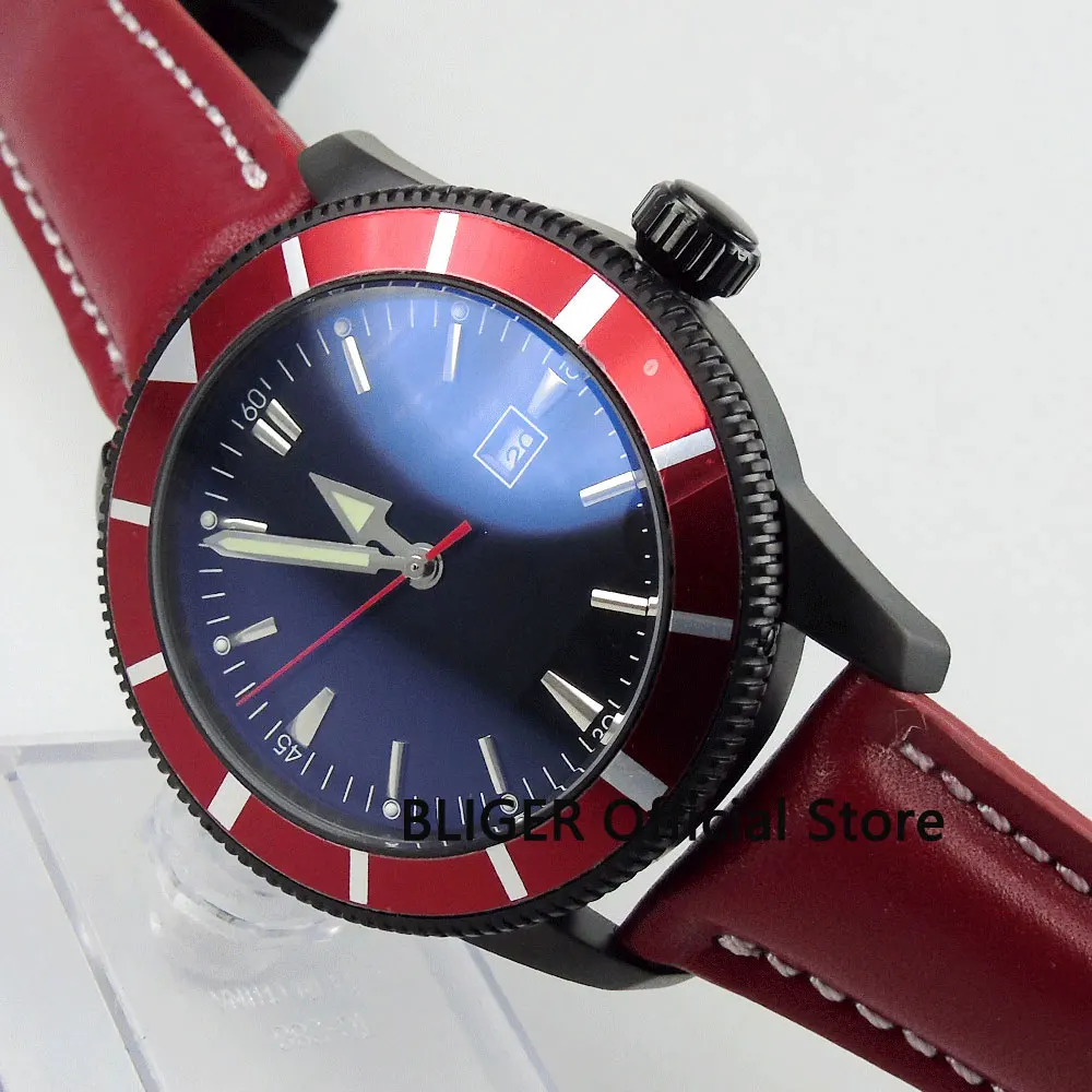 BLIGER 46MM Black Sterile Dial Red Rotating Bezel Small Second Hand Men's Watch Automatic Movement Wristwatch Luminous 128 |