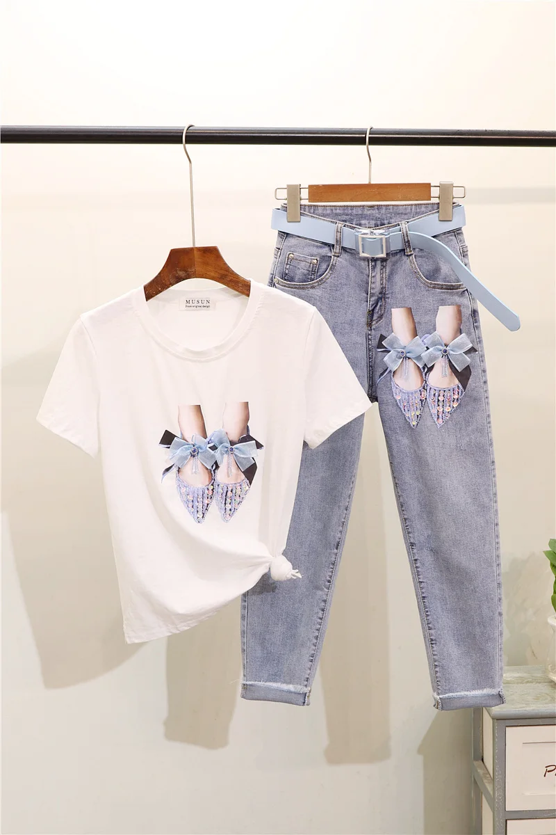 Женская джинсовая футболка ALPHALMODA с блестками и бантом стильная коротким рукавом