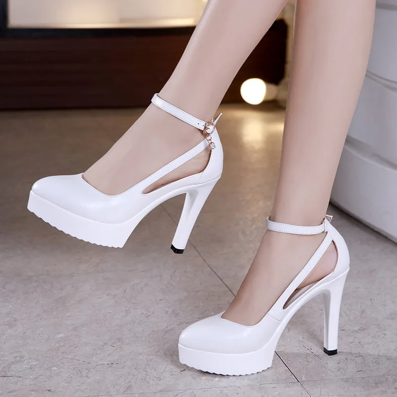 

8cm 11cm Heel Platform Shoes Women Pumps Big Size 32-43 2019 Spring Buckle High Heels Shoes Ladies Office Wedding Shoes White