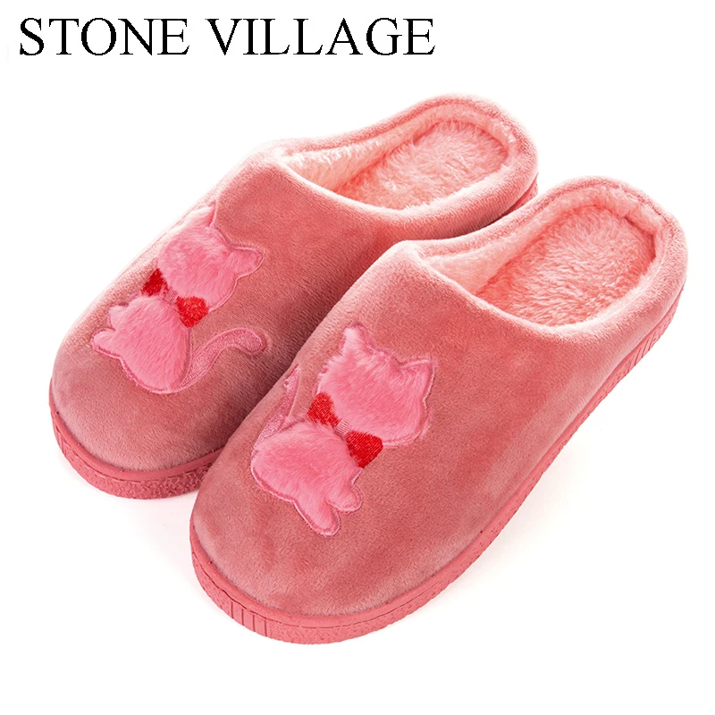 

STONE VILLAGE Large Size 36-45 Cartoon Cat Non-Slip Warm Home Slippers For Lovers Winter Men Women Slippers Shoes Indoor Shoes