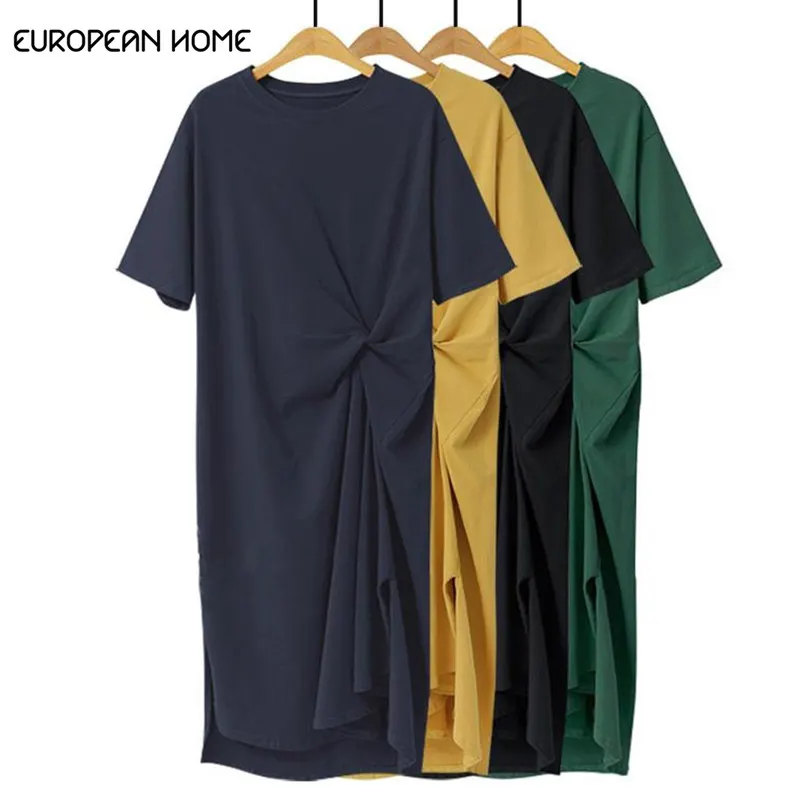 

New Fashion Long dress Solid color round neck short-sleeved spring summer dress loose plus size women casual T-shirt dresses