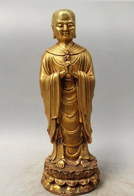 

free 15" Chinese Buddhism Bronze Gild Buddhist Monk Bonze Shaveling Statue Sculpture fast