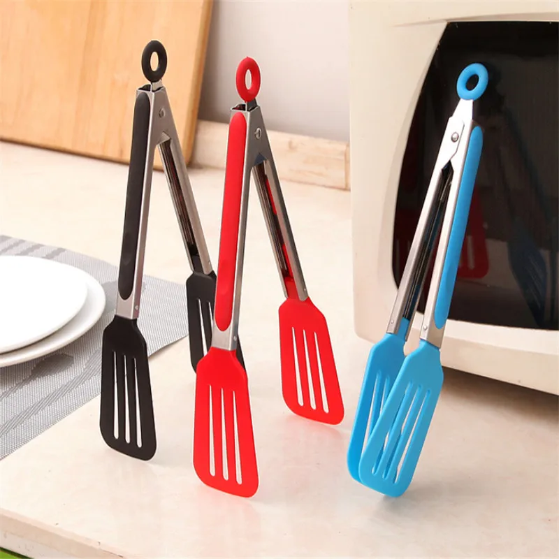 1 Pc Food BBQ Tongs Non Stick Stainless Steel Nylon Bread Salad Tongs
