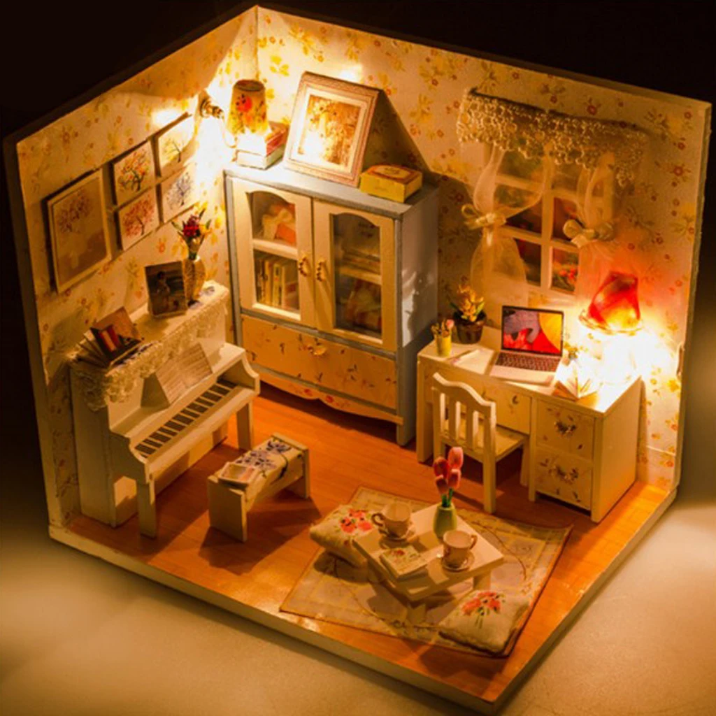 1:24 DIY Wood Dollhouse Handcrafts Miniature Project Kit LED Hand Control Light (With Dust Proof Cover) Kids Birthday Xmas Gift