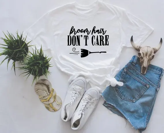 

Broom hair don't care t-shirt Halloween witch graphic women cute 90 girl young style fashion slogan tees tumblr grunge top shirt