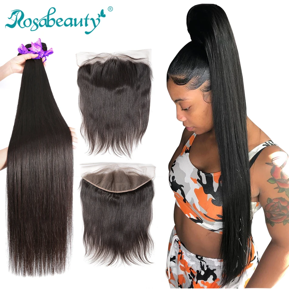 Rosabeauty Straight 8 28 30 40 Inch Bundles With Lace Frontal