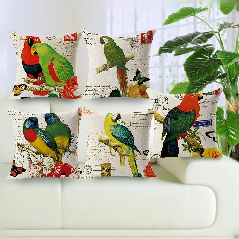Double sides printing Linen Parrot Lovely Birds Sofa Decor Amusing