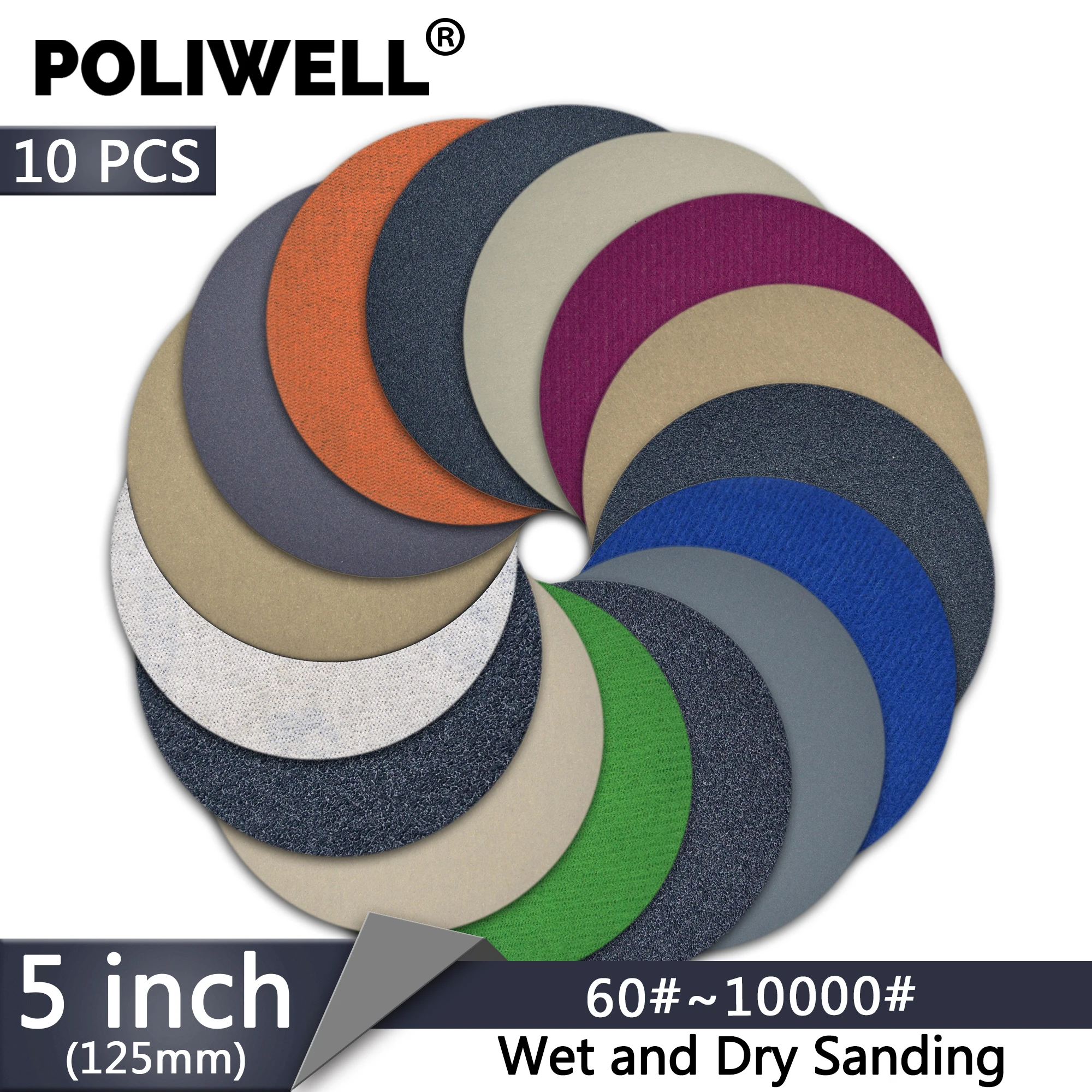 POLIWELL 10Pcs 5 Inch 125mm Sanding Discs 60~10000 Grit Silicon Carbide Hook and Loop Wet Dry Round Sandpaper Car Abrasive Tools