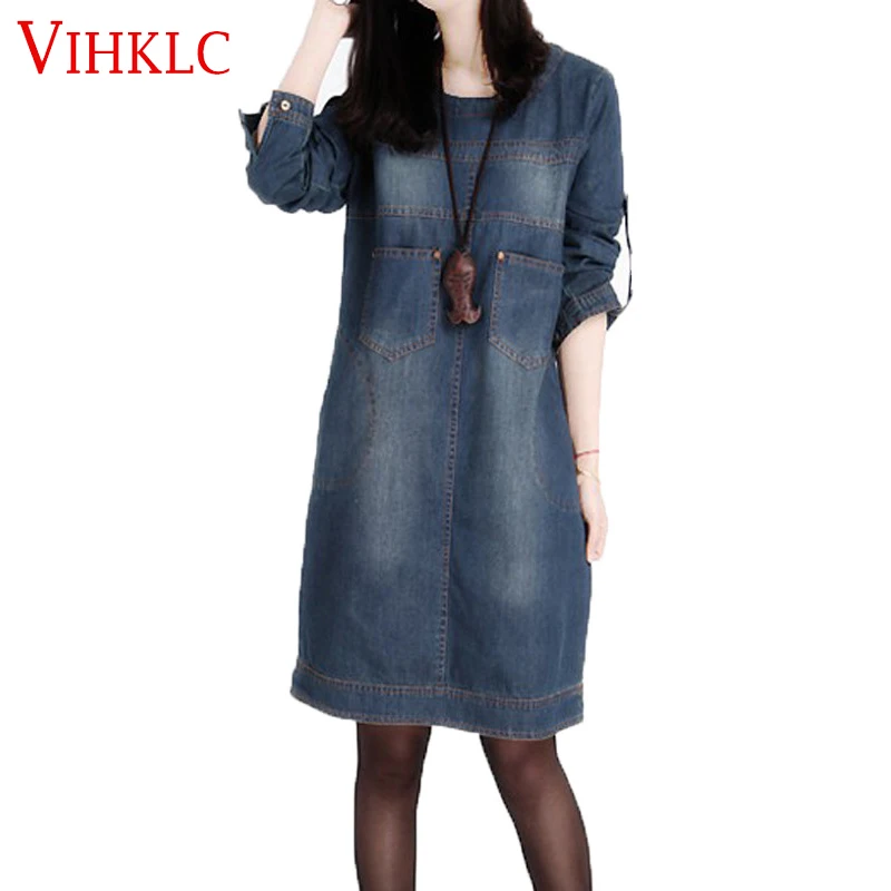 Женское джинсовое платье с длинным рукавом круглым вырезом|dresses large sizes|denim dresscasual