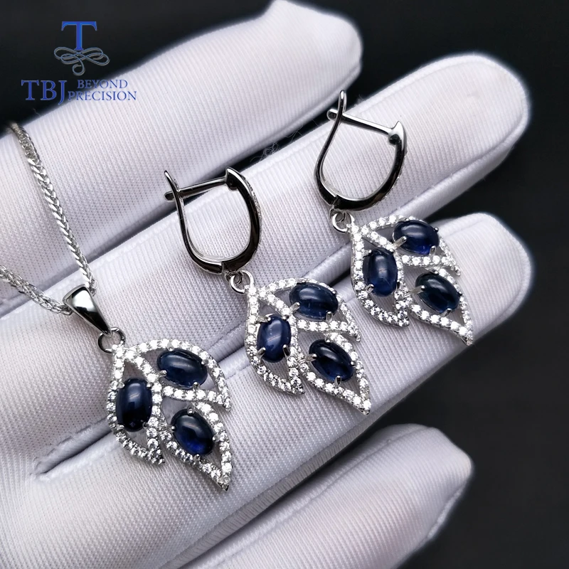 

TBJ,Tree leaf jewelry set with blue sapphire clasp earring and pendant in S925 silver elegant jewelry for women ladies as gift