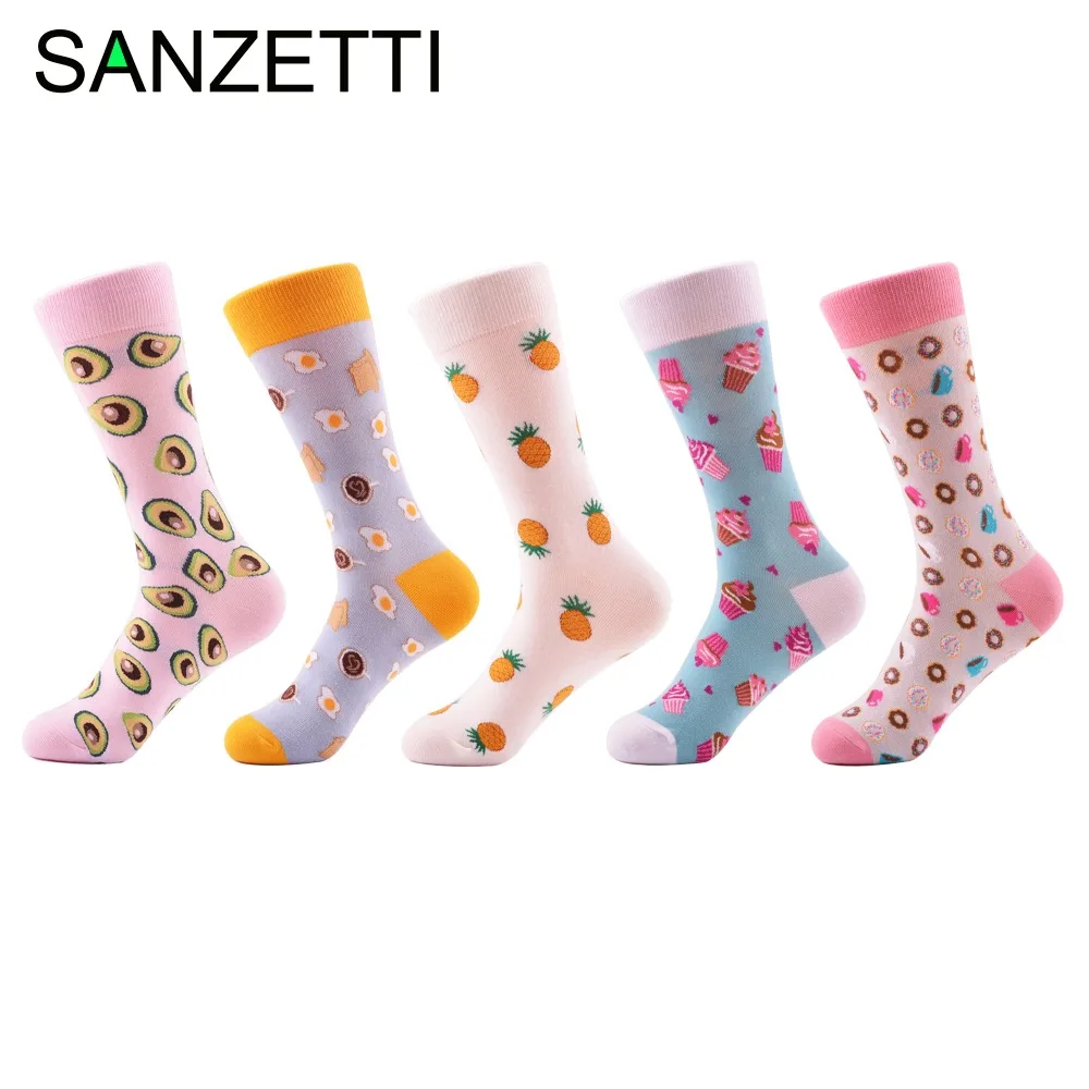 SANZETTI, 5 пара/лот, новинка, Пончик, яйцо, узор, для женщин, повседневные, забавные, носки для девушек, хлопок, милые, женские, свадебные, носки для подарков