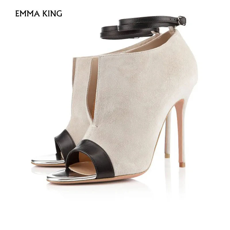 

Beige and Black Ankle Strap Stiletto Heel Suede Peep Toe Booties High Heel Botas Mujer Party Fashion Shoes Woman Plus Size Heels
