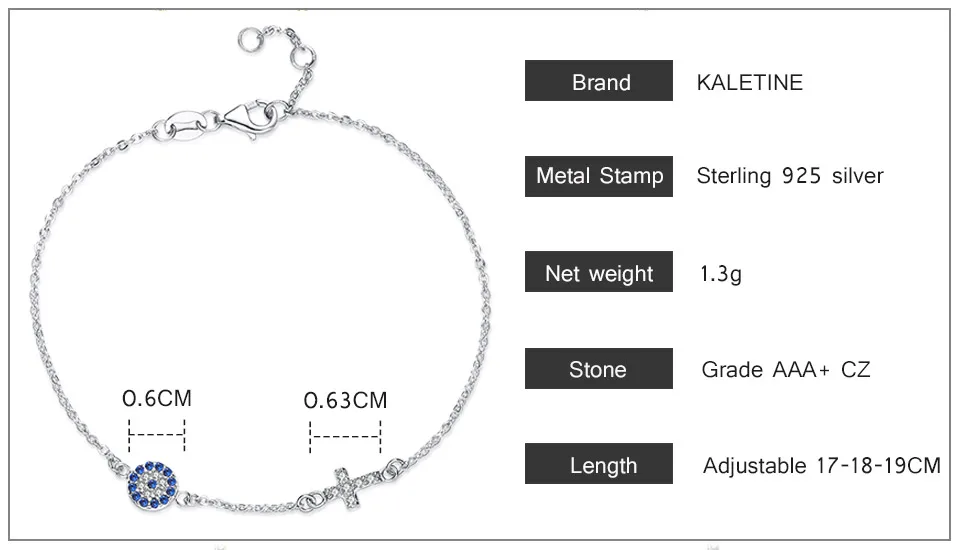 Kaletine амулеты голубой сглаза крест браслет 925 пробы серебряные маленькие браслеты для женщин Хамса на удачу CZ Ювелирные изделия KLTB056
