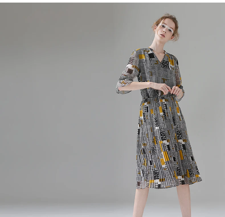 Toyouth винтажное женское платье с геометрическим принтом Лето v-образный вырез три четверти рукав длинные шифоновые платья плиссе для женщин