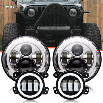 

WZJOO 2pcs 7 inch 40w LED Headlight + 2pcs 4" Round 30W Halo Ring LED Fog Lamp Driving Light for Wrangler LJ JK.