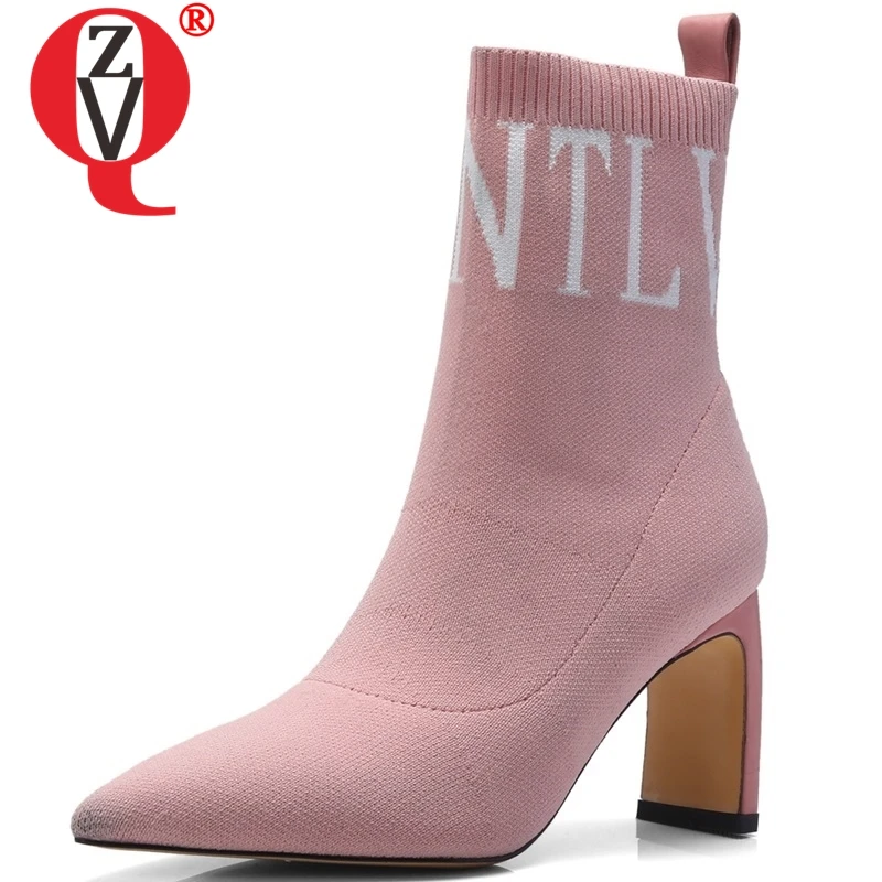 Comprar ZVQ estiramiento que hace punto las botas del calcetín del tobillo de moda de las mujeres puntiagudos del dedo del pie deslizamiento en los zapatos de fiesta de invierno sexy strange tacones altos botas de moda