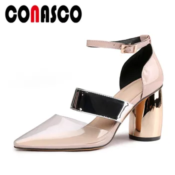 

CONASCO Fashion Sexy Blingbling Mary Janes Women Pumps 2019 Summer New Patent Leather Pointed Toe Sandals Prom Shoes Woman