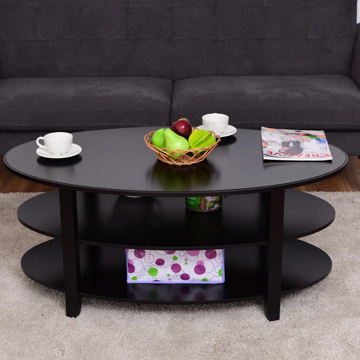 Giantex 3-Tier Wood Oval Coffee Table Modern Accent Cocktail Table with Storage Shelves Home Living Room Furniture HW56633