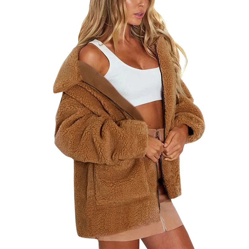 Зимнее женское пальто из искусственного меха, одноцветное, с длинным рукавом, с отложным воротником, с карманами, пушистая куртка, теплая верхняя одежда, пальто с мишкой Тедди
