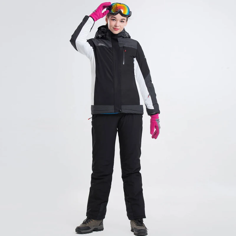 Новинка, теплый зимний лыжный костюм, женский ветрозащитный водонепроницаемый лыжный костюм, одежда для сноуборда, лыжная куртка+ штаны - Цвет: Black white suits