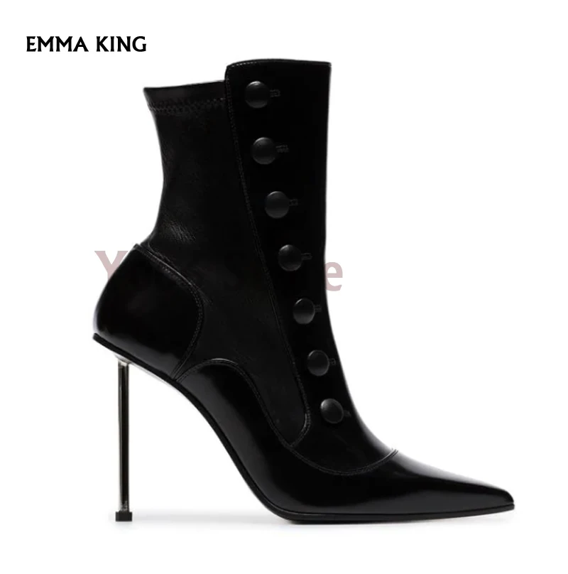 

Spring/Autumn Pointed Toe Side Zip Ankle Boots Women Faux Button Detail Botas Mujer High Stiletto Heel Shoes Woman Ladies Heels