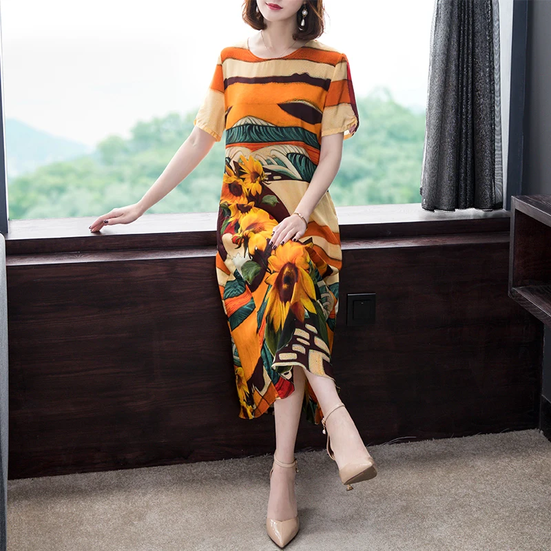 

Imitate Real Silk Dresses Women Print Dresses 2019 Summer New Pattern Short Sleeves Plus Size Dress Lady Beach Casual Costumes