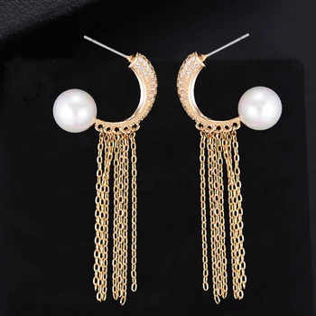 

SisCathy Fashion Jewelry Trendy Long Tassels Drop Earring Simulated Pearl Cubic Zirconia Bridal Wedding Women Earrings 2019