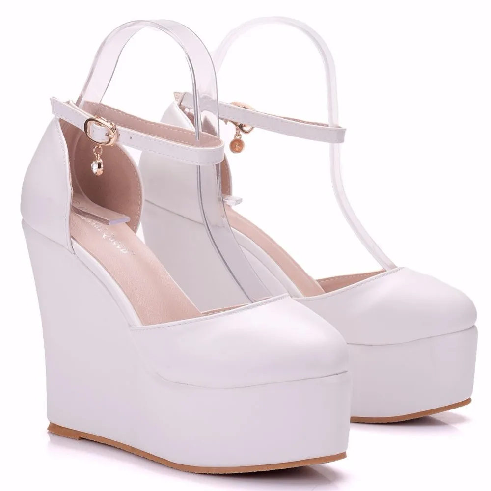 Crystal Queen 12CM Platform Wedges Pumps Heels Shoes Round Toe White