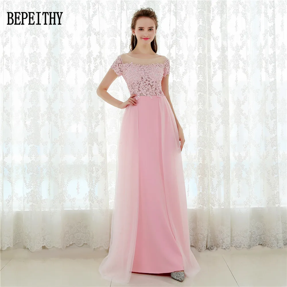 02  BEPEITHY Vestido De Festa Short Sleeves Pink Chiffon Long Prom Dresses Mermaid Evening Dress Party Elegant 2017 (2)