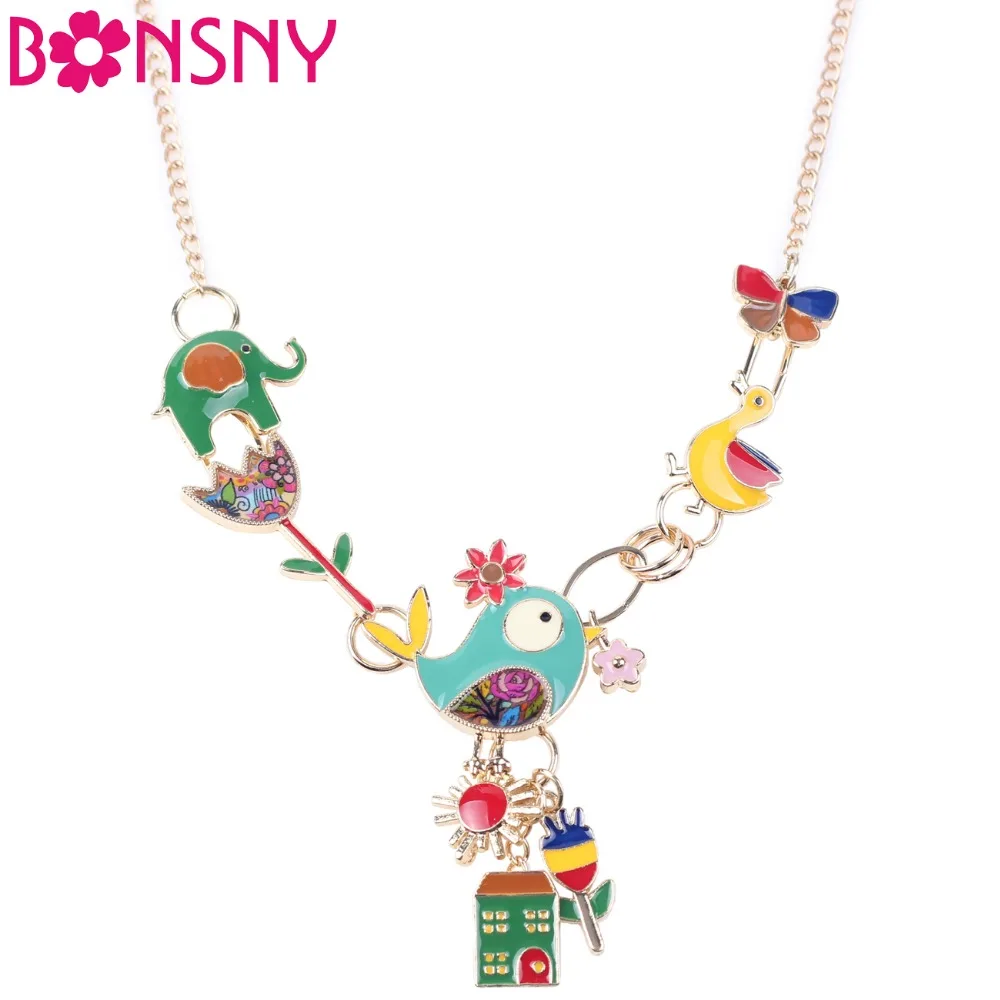 Ожерелье Bonsny Maxi из сплава в виде слона птицы утки эмалированная цепочка яркие