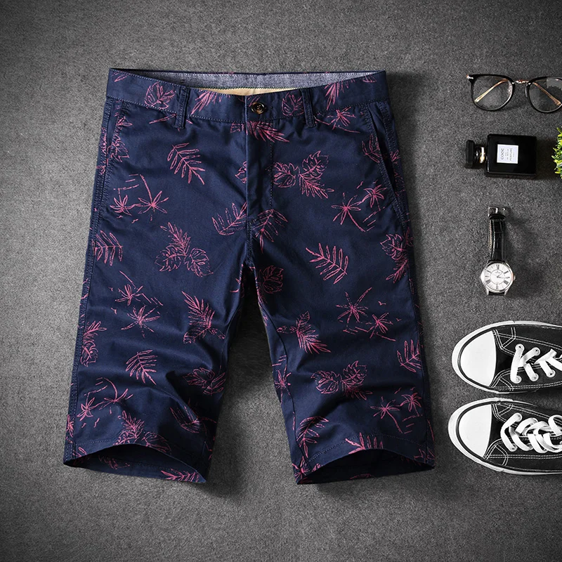 

SHANBAO brand summer leaves floral print straight slim shorts high quality cotton stretch men's fashion shorts red blue