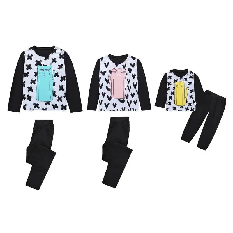 Fashion family matching clothes look father mother kids outfits clothing Cute Cat Home Pajama Long Sleeve T-shirt Pants fashion