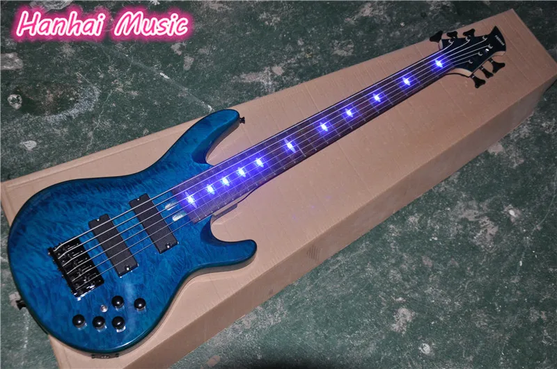 

Hot Sale Custom 6-String Electric Bass with Quilted Maple Veneer,24 Frets,Active Circuit,Led Lights and can be Customized