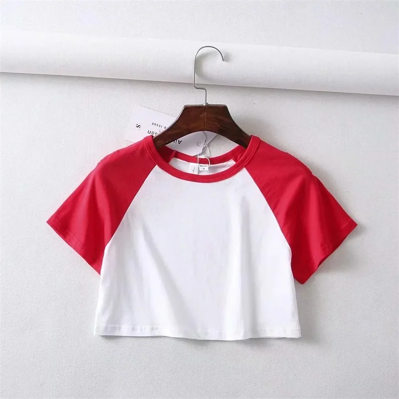 red short Женская футболка с круглым вырезом спереди и контрастными короткими рукавами - Цвет: red short