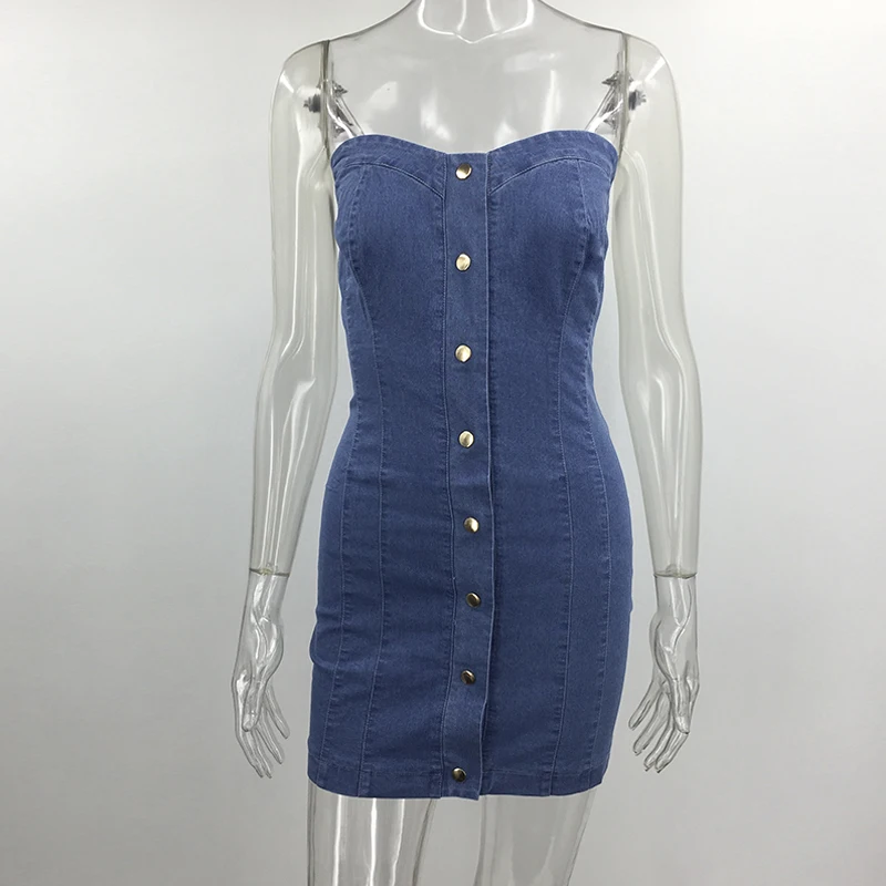 Tobinoone Sexy Women Blue Denim Dress Brand Slim Jeans Dresses One-piece Cowboy vintage bodycon Mini Vestidos one line Button