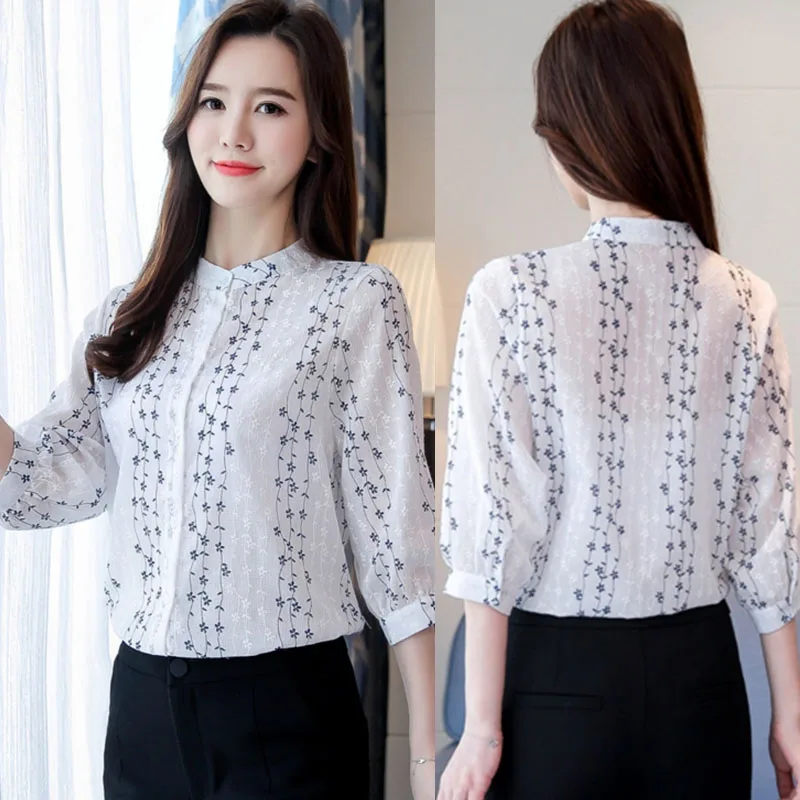 Women Spring Summer Style Chiffon Blouses Shirts Lady Casual Mandarin Collar Half Chiffon Blusas Tops Feminina DF1713 Blouses